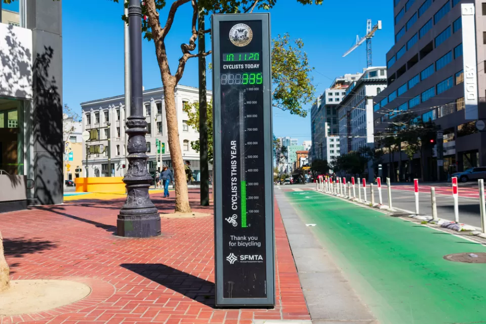 A bike counter next to a green protected bike lane in San Francisco, California
